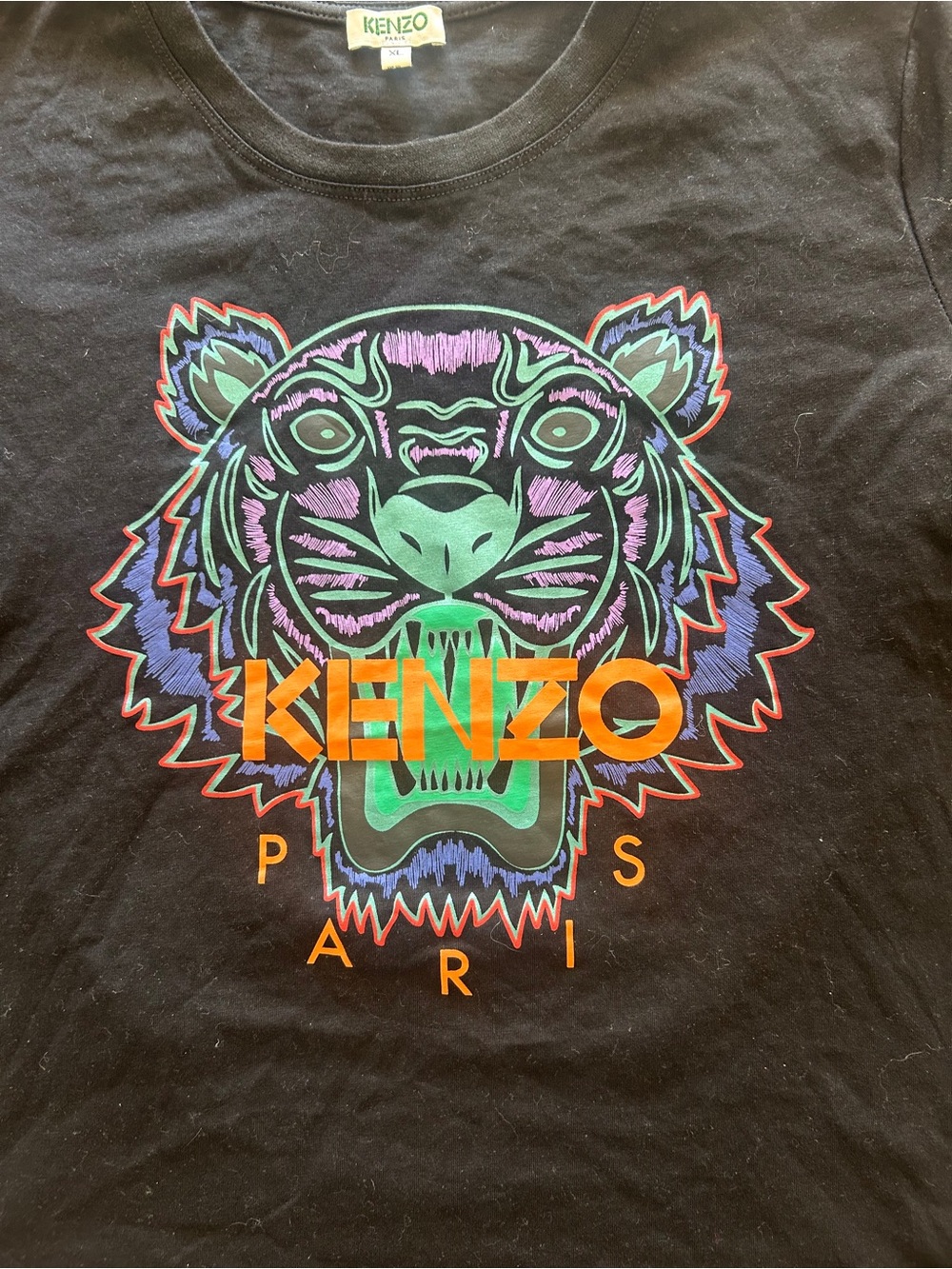 Kenzo Black Tee with Neon Multi-Color Tiger Graphic
